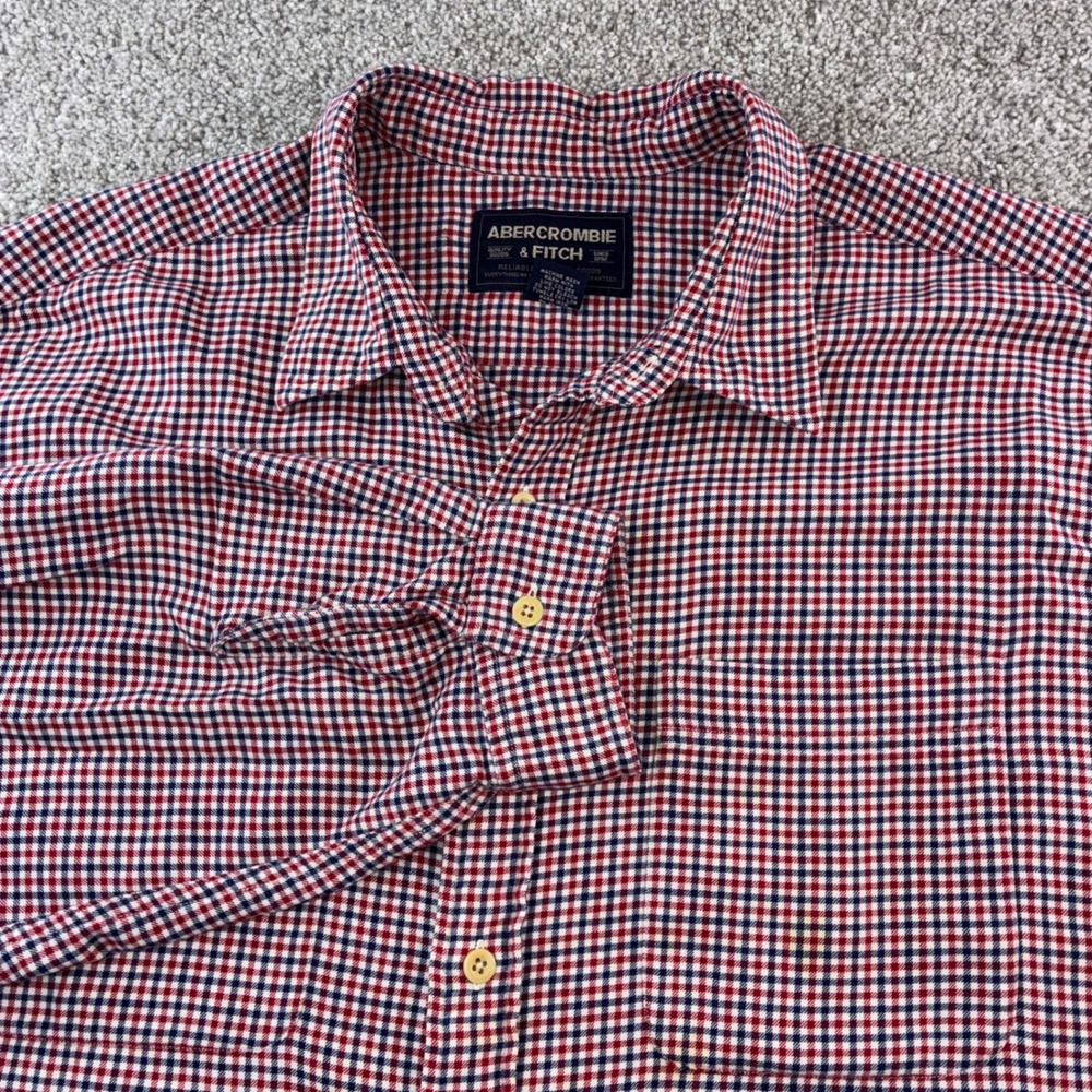 Abercrombie‎ Fitch Mens XL Red Blue Gingham Plaid Long Sleeve Button Up Preppy
